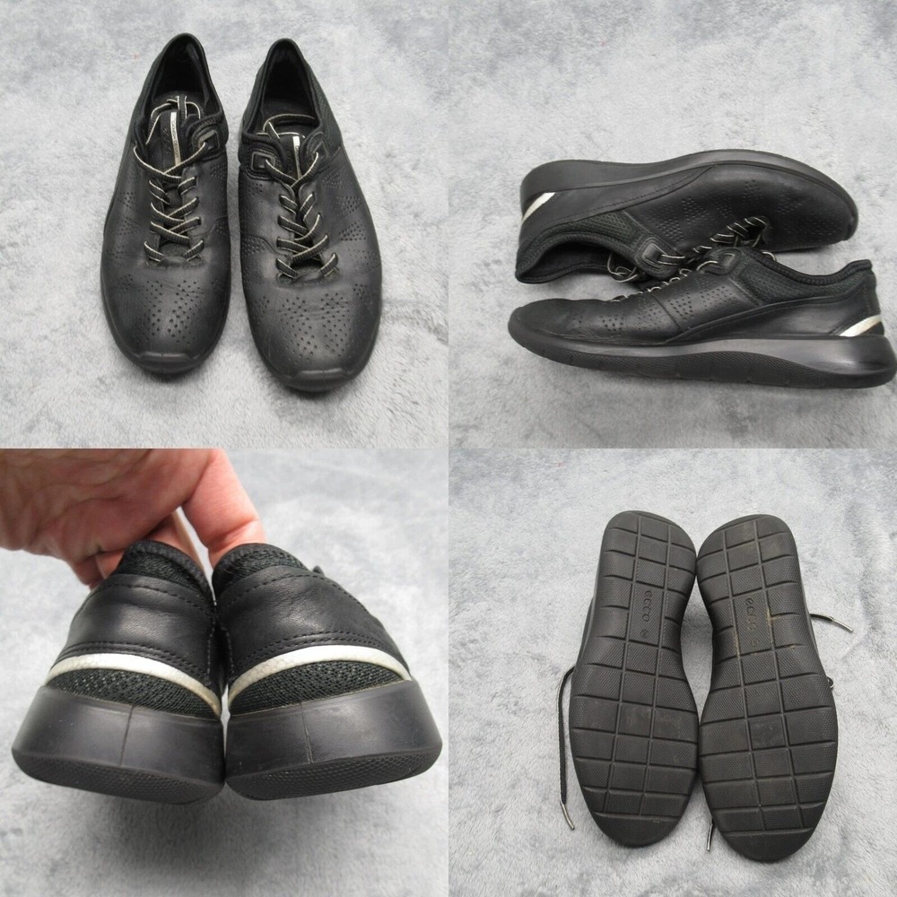 Ecco Shoes Womens 7 Black Soft Lace Leather Sneaker Reflective Walking Orthotic